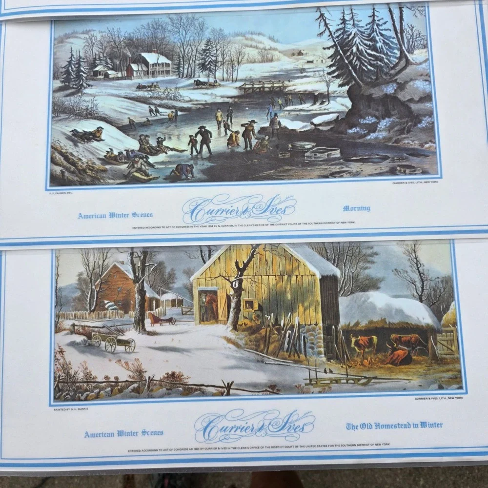 Vintage Currier & Ives Placemats Set of 8 Multicolor American‎ Winter Scenes
